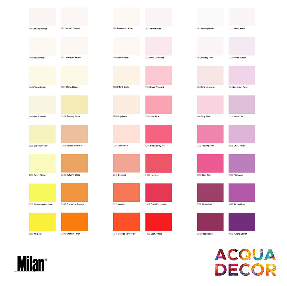 Pilihan shade warna Milan Acqua Decor untuk cat tembok dekoratif dengan pigment cerah dan tahan lama.