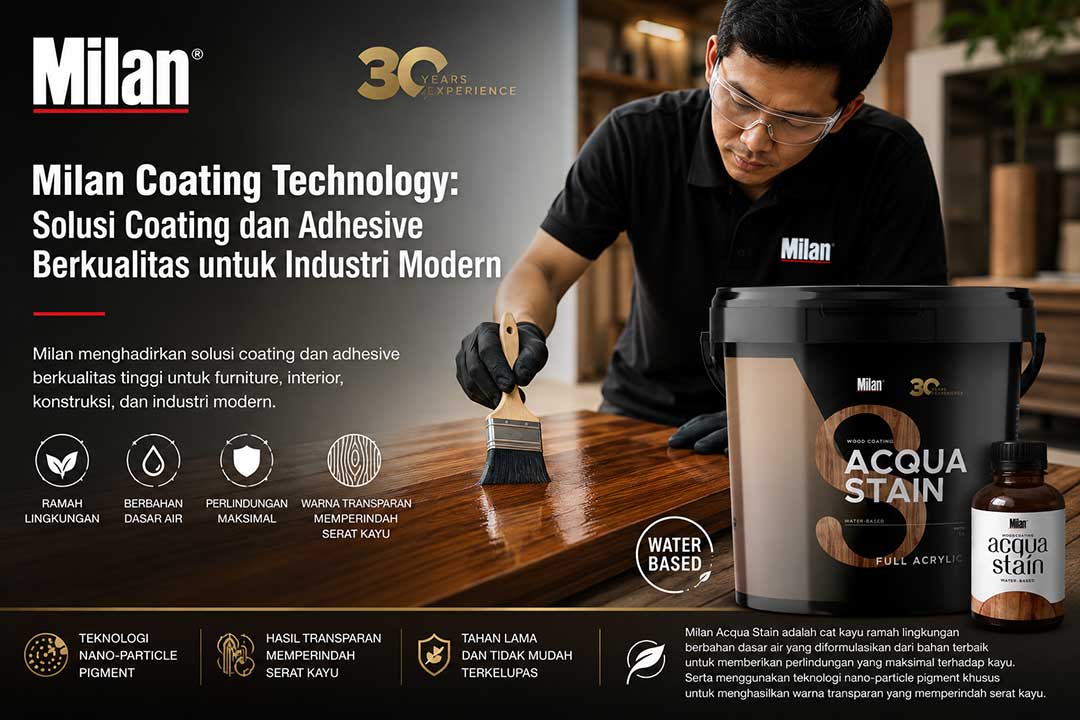 Aplikasi Milan Acqua Stain pada furniture kayu modern dengan hasil finishing natural transparan dan tampilan premium