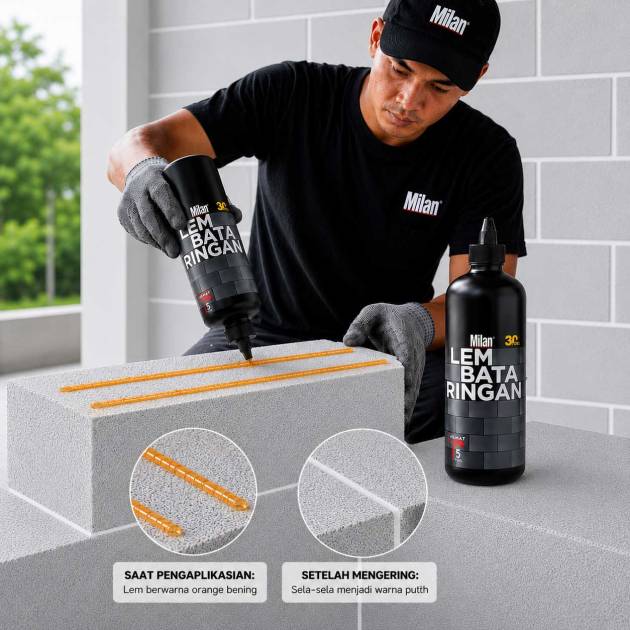 Tukang mengaplikasikan Produk Milan Lem Bata Ringan menggunakan botol aplikator pada bata ringan untuk konstruksi dinding modern