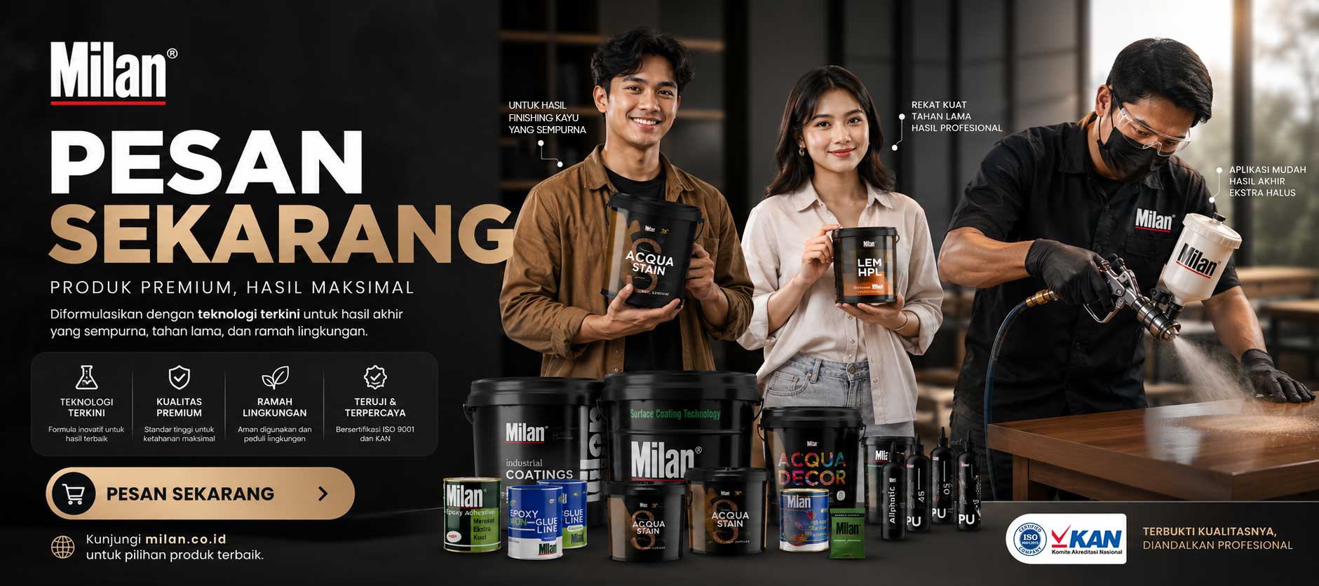 Banner promosi produk Milan Coating & Adhesive dengan teknisi Indonesia menggunakan wood coating dan menampilkan berbagai produk premium finishing industrial dari Milan.co.id.