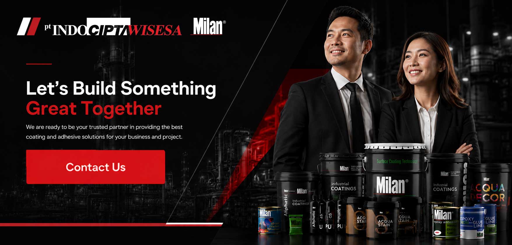 Business professionals Indonesia bersama produk coating dan adhesive Milan dalam banner industrial modern hitam merah untuk solusi B2B industri dan konstruksi.