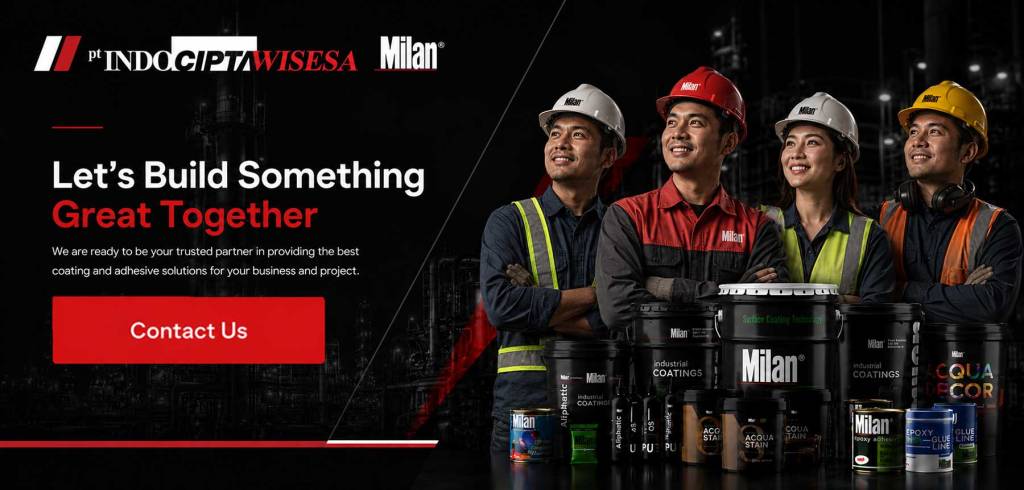 Business professionals Indonesia bersama produk coating dan adhesive Milan dalam banner industrial modern hitam merah untuk solusi B2B industri dan konstruksi.