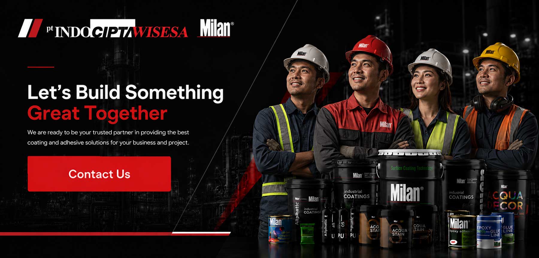 Business professionals Indonesia bersama produk coating dan adhesive Milan dalam banner industrial modern hitam merah untuk solusi B2B industri dan konstruksi.