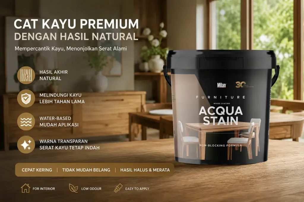 9 Cara Mendapatkan Hasil Cat Kayu Halus dan Natural pada Furniture Milan acqua stain sebagai cat kayu premium dengan hasil natural dan halus