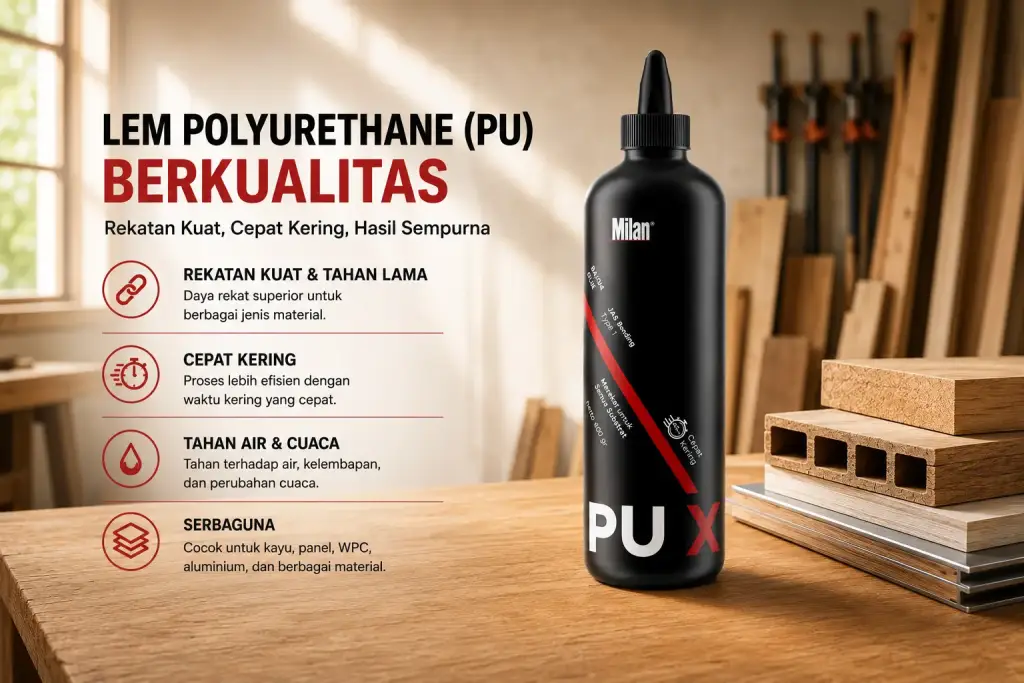 7 Cara Menggunakan Lem PU Kayu agar Hasil Rekatan Kuat & Tahan Lama Milan PU X sebagai lem PU kayu terbaik dan berkualitas