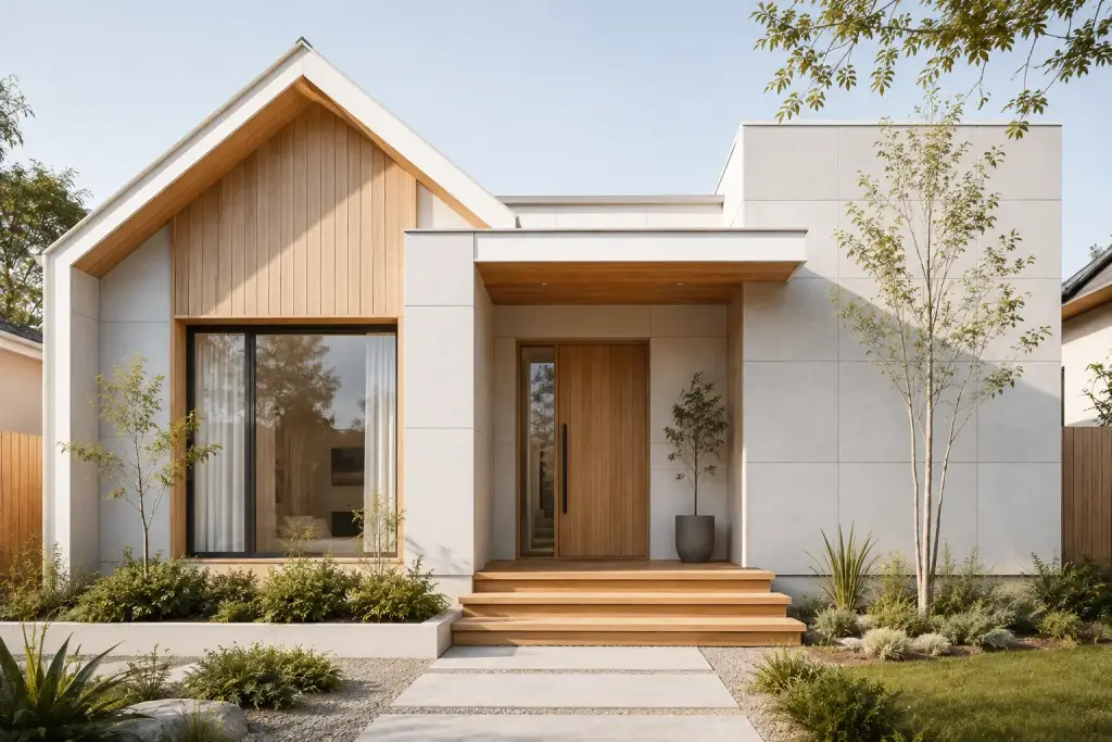 Ide desain dinding Rumah Gaya Skandinavia - Perpaduan Fiber Cement + Kayu