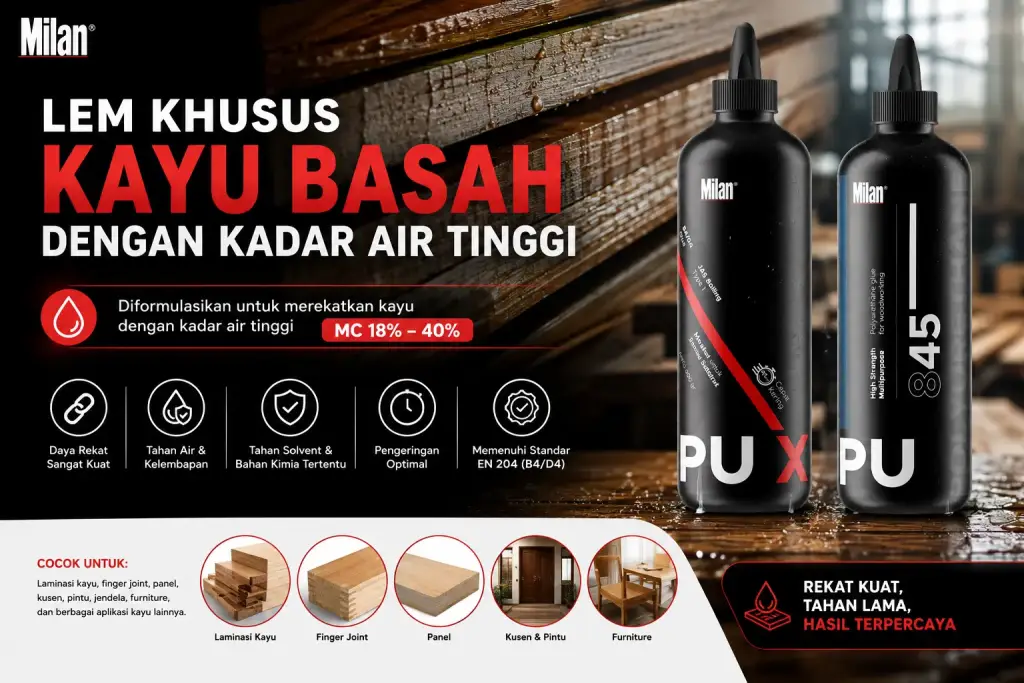 Lem khusus kayu basah dengan kadar air tinggi - Lem PU Milan