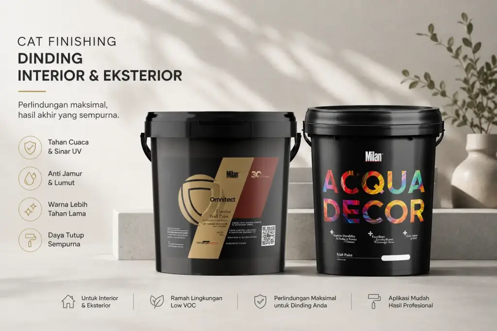 5 Cara Memilih Finishing Dinding yang Sesuai untuk Interior maupun Eksterior Milan Omnitect dan Acqua Decor sebagai cat finishing interior dan eksterior