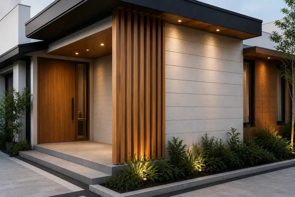 6 Ide Desain Dinding Fiber Cement untuk Rumah Modern dan Minimalis ide desain dinding Fiber Cement dengan Kombinasi Kayu Natural