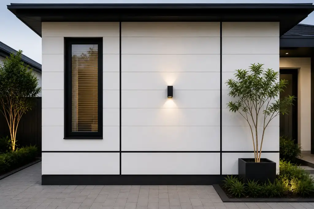 6 Ide Desain Dinding Fiber Cement untuk Rumah Modern dan Minimalis ide desain dinding Fiber Cement dengan Monokrom Putih dan Garis Hitam