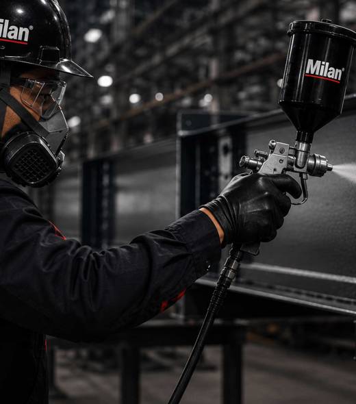 Industrial worker applying Milan coating and adhesive solutions for furniture, interior, and construction applications.