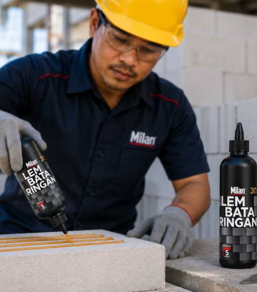 Pekerja konstruksi Indonesia menggunakan Milan Lem Bata Ringan untuk pemasangan bata hebel dengan hasil rapi dan presisi